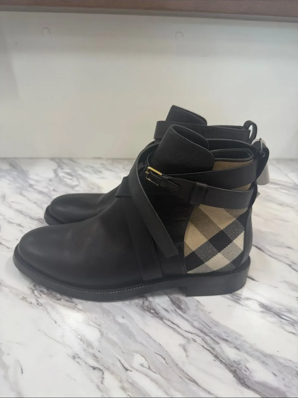 Burberry Black Leather Ankle Boots with Signature Check Panel